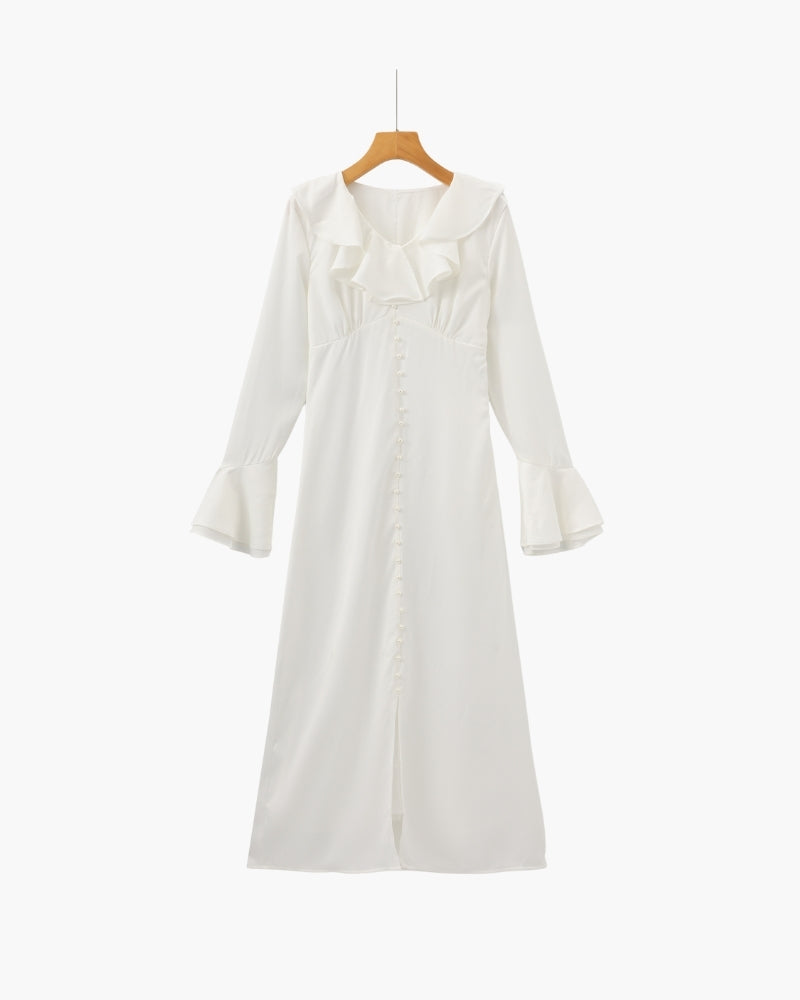 Midi Kleid mit Rüschen und Perlenknöpfen